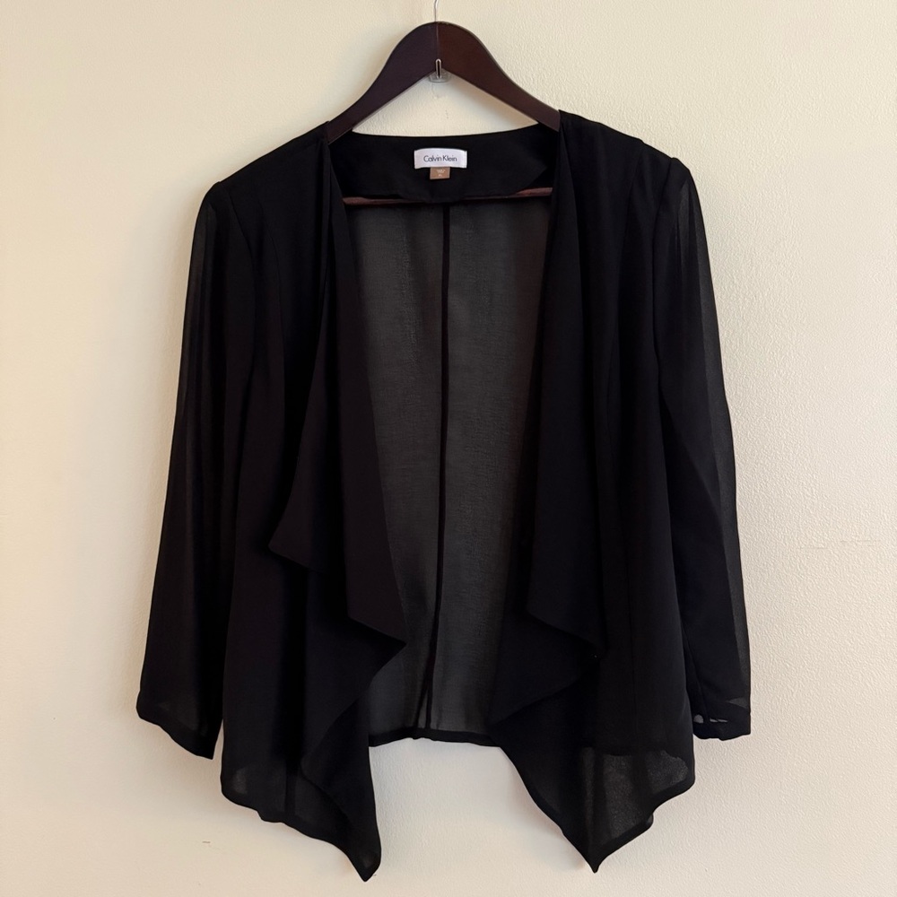 Calvin Klein Sheer Black Open Front Cardigan with Irregular Hemline Size XL